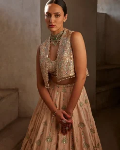 Peach Lehenga With Short Jacket Set