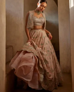 Peach Lehenga With Short Jacket Set