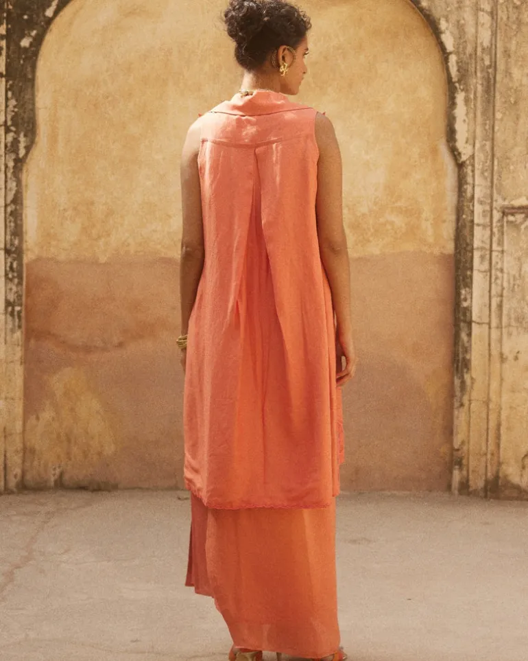Peach Orange Linen Jacket Set
