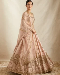 Peach Pink Embroidered Lehenga Set