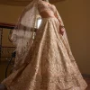 Peach Self Embroidered Mirror Lehenga Set