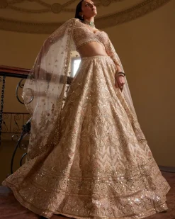 Peach Self Embroidered Mirror Lehenga Set