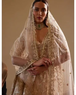 Peach Self Embroidered Mirror Lehenga Set