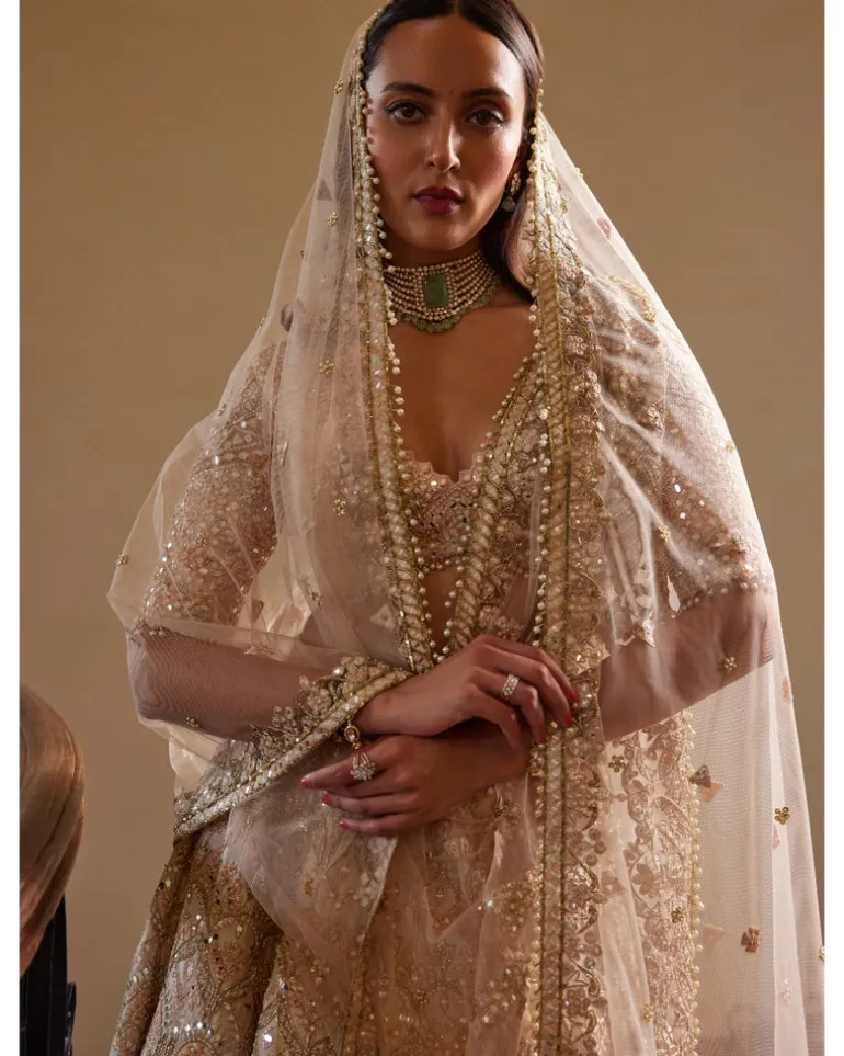 Peach Self Embroidered Mirror Lehenga Set