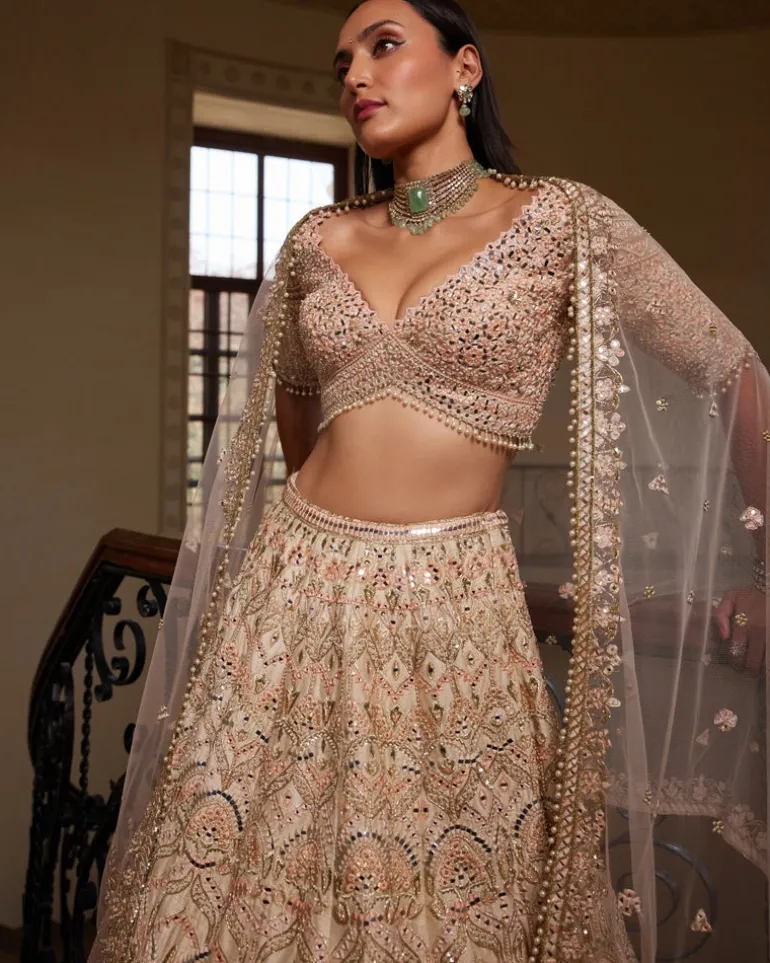 Peach Self Embroidered Mirror Lehenga Set