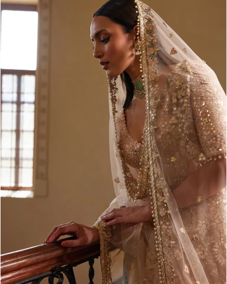 Peach Self Embroidered Mirror Lehenga Set