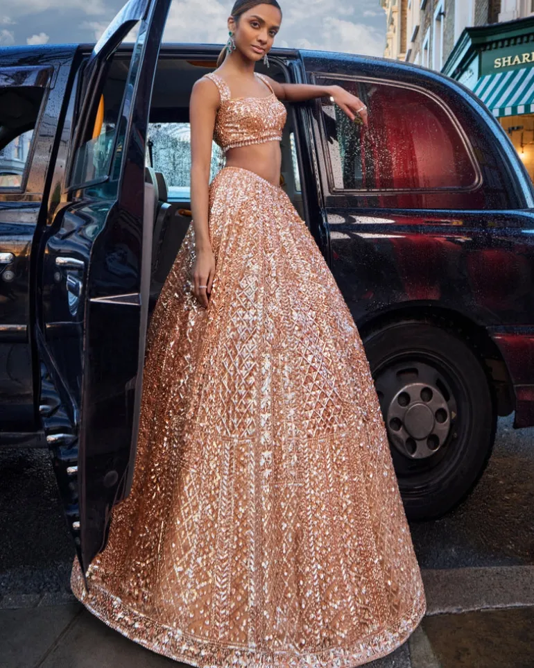 Peach Sequin Lehenga Set