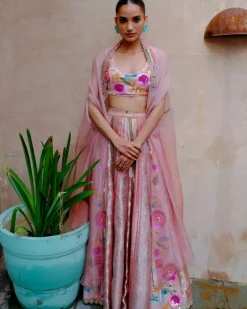 Peach Sequins Cape Sharara Set