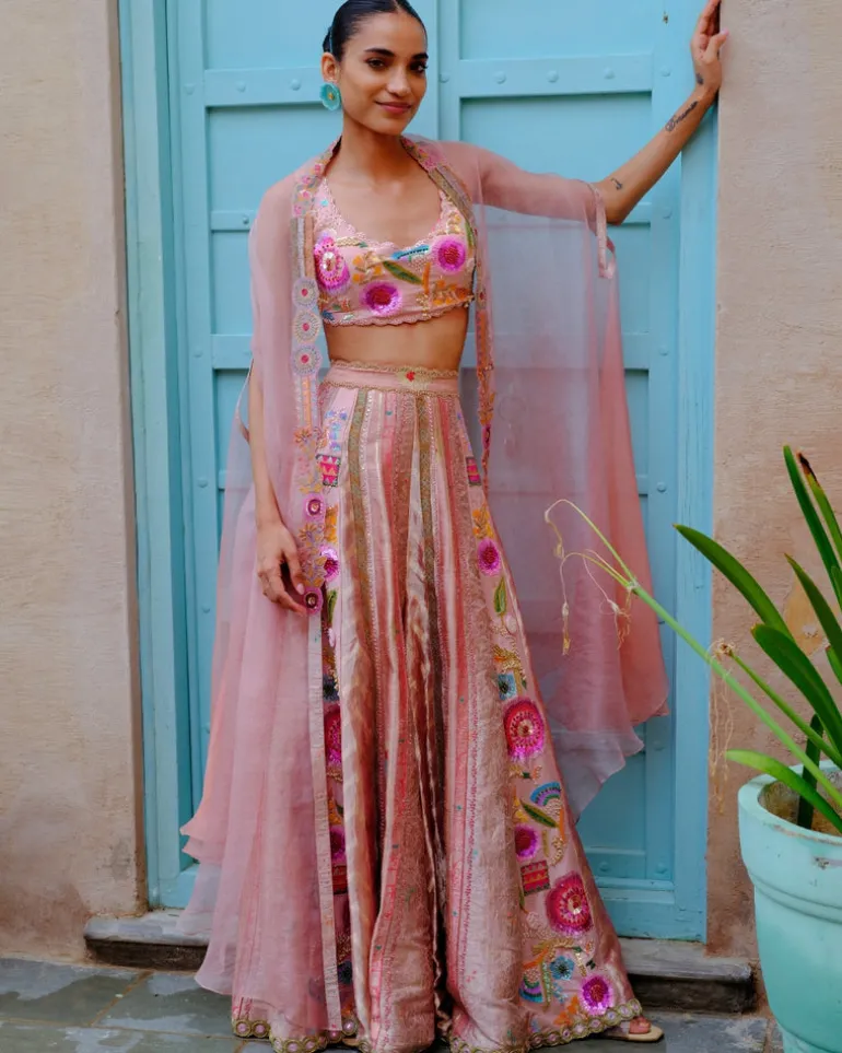 Peach Sequins Cape Sharara Set