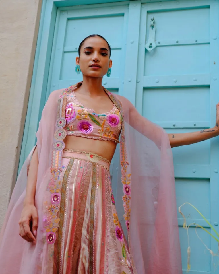 Peach Sequins Cape Sharara Set