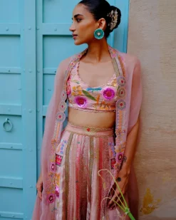 Peach Sequins Cape Sharara Set