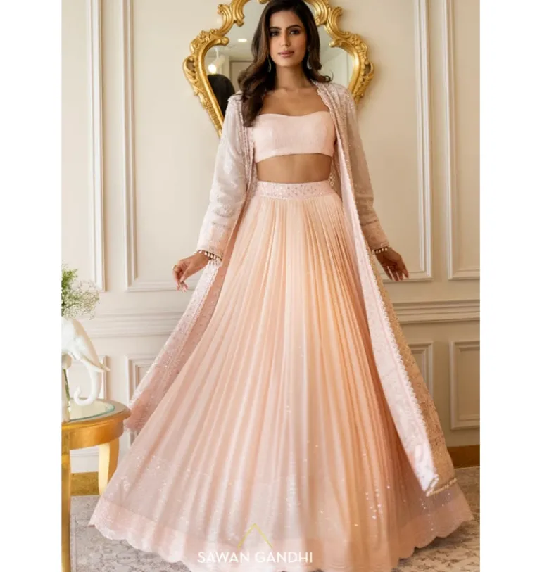 Peach Sequins Lehenga With Chikankari Cape