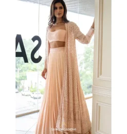 Peach Sequins Lehenga With Chikankari Cape