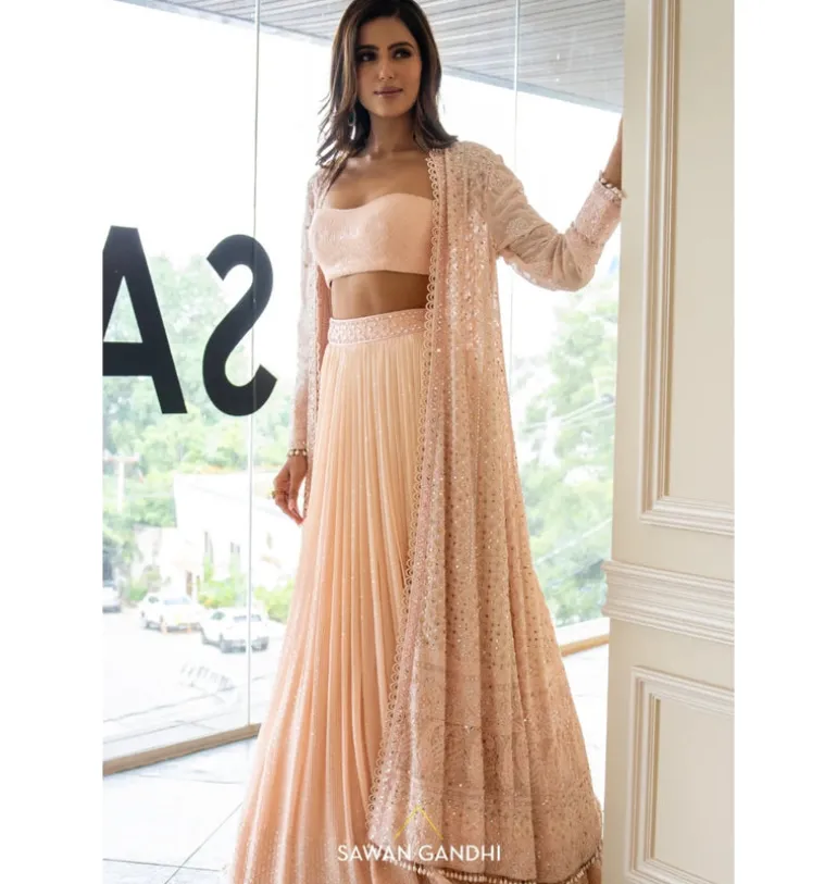 Peach Sequins Lehenga With Chikankari Cape