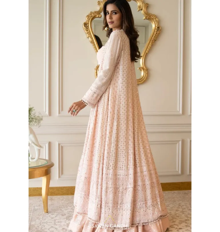 Peach Sequins Lehenga With Chikankari Cape