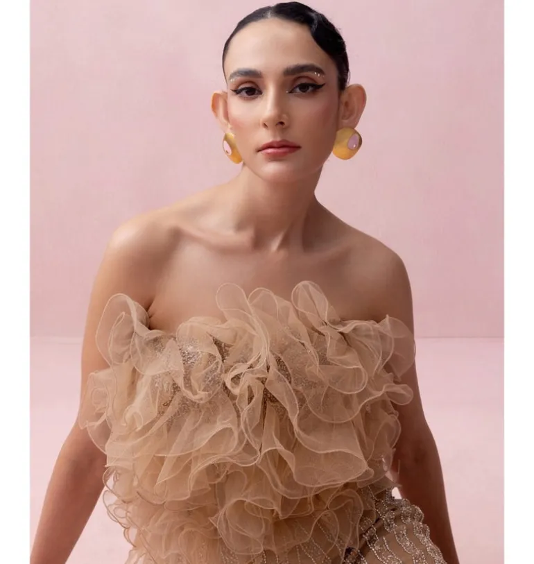 Peach Slit Skirt with Ruffle Poof Blouse Set