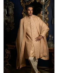 Peach Thread Sequin Sherwani Set
