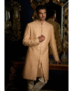 Peach Thread Sequin Sherwani Set