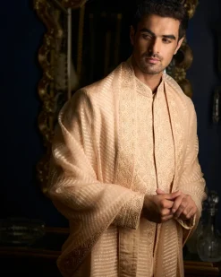 Peach Thread Sequin Sherwani Set