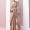 Peach Thread Work Pre-Stitched Sari With Embroidered Razor Back Blouse