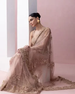 Peach Thread Work Pre-Stitched Sari With Embroidered Razor Back Blouse