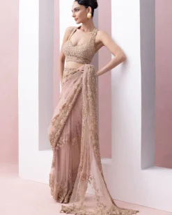 Peach Thread Work Pre-Stitched Sari With Embroidered Razor Back Blouse