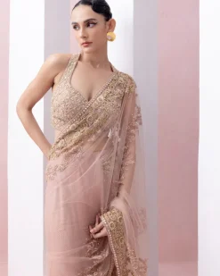 Peach Thread Work Pre-Stitched Sari With Embroidered Razor Back Blouse