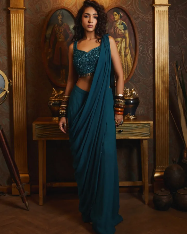 Peacock Blue Pant Sari Set