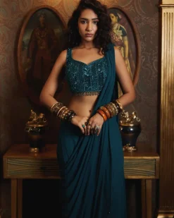 Peacock Blue Pant Sari Set