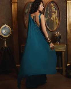 Peacock Blue Pant Sari Set