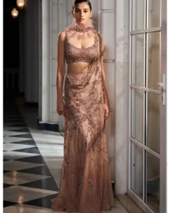 Pearlette Salmon Pink Bridal Shimmer Tulle Drape Sari