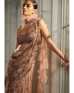 Pearlette Salmon Pink Bridal Shimmer Tulle Drape Sari