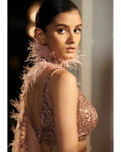 Pearlette Salmon Pink Bridal Shimmer Tulle Drape Sari