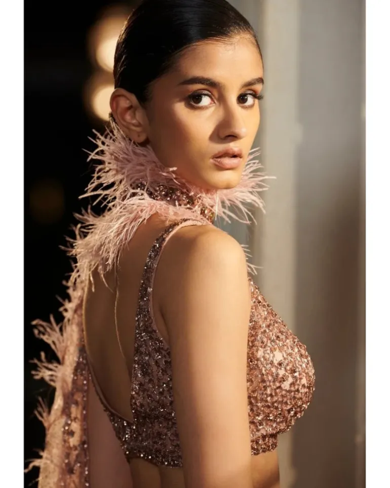 Pearlette Salmon Pink Bridal Shimmer Tulle Drape Sari