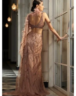 Pearlette Salmon Pink Bridal Shimmer Tulle Drape Sari