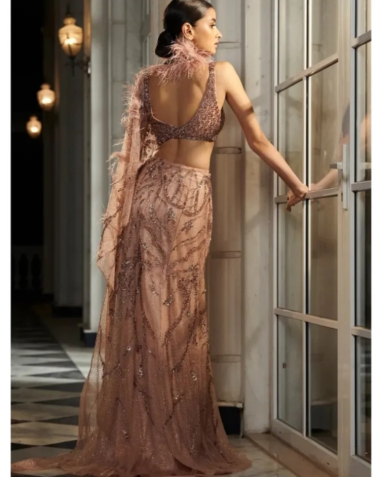 Pearlette Salmon Pink Bridal Shimmer Tulle Drape Sari