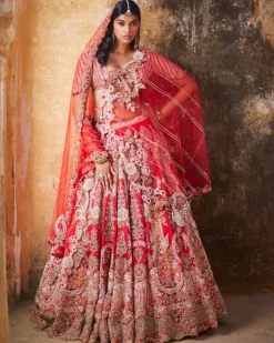 Persephone Red Raw Silk Bridal Lehenga