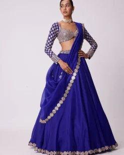 Persian Blue Linear Mirror Embroidered Lehenga Set