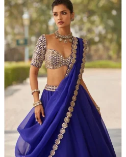Persian Blue Linear Mirror Embroidered Lehenga Set