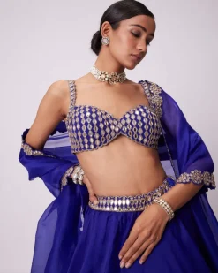 Persian Blue Linear Mirror Embroidered Lehenga Set