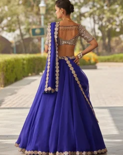 Persian Blue Linear Mirror Embroidered Lehenga Set