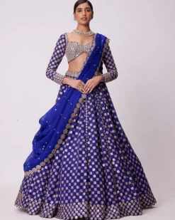 Persian Blue Mirror Flower Hand Embroidered Lehenga