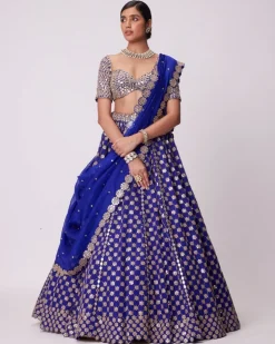 Persian Blue Mirror Flower Hand Embroidered Lehenga