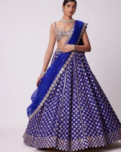 Persian Blue Mirror Flower Hand Embroidered Lehenga