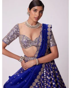 Persian Blue Mirror Flower Hand Embroidered Lehenga