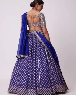 Persian Blue Mirror Flower Hand Embroidered Lehenga