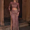Pheobe Maroon Embroidered Crop Top Skirt Set