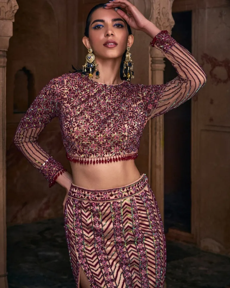 Pheobe Maroon Embroidered Crop Top Skirt Set