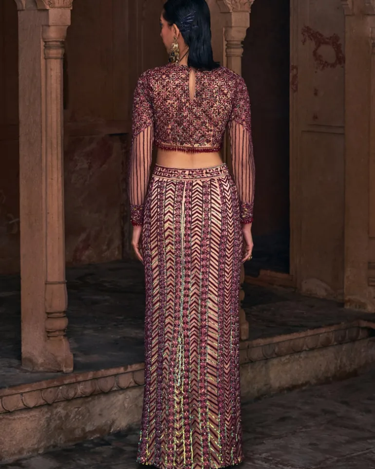 Pheobe Maroon Embroidered Crop Top Skirt Set