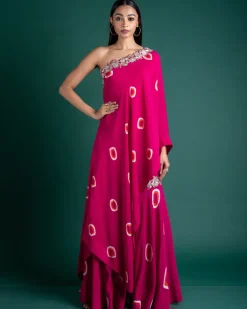 Pink & Orange One-Shoulder Top with Gharara Set